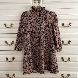 NWT leopard mini dress never worn-high ruffle collar ties in back